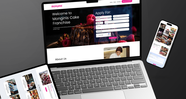 Monginis cake franchise website displayed on multiple devices.